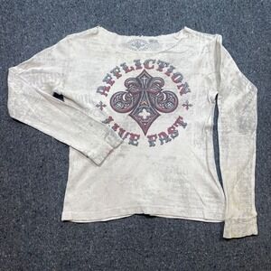 AfflictionLive Fast Tee Sz M Womens White Grunge Goth‎ Wings Thermal Long Sleeve